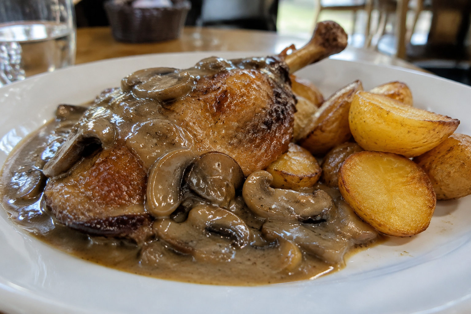 Cuisse de canard confite fondante, nappée d'une sauce forestière aux champignons, et pommes de terre dorées